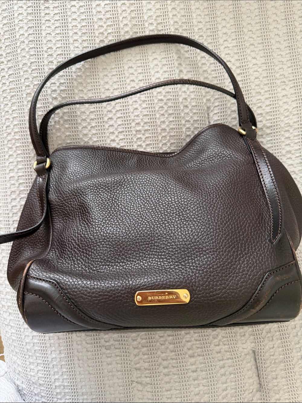 Burberry Dark Brown Pebbled Leather Shoulder Bag with Gold Plaque